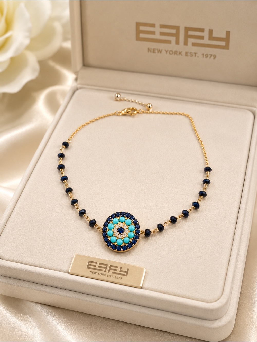 Effy 14k yellow Gold with Turquoise Floral Disc & Black Beads bracelet